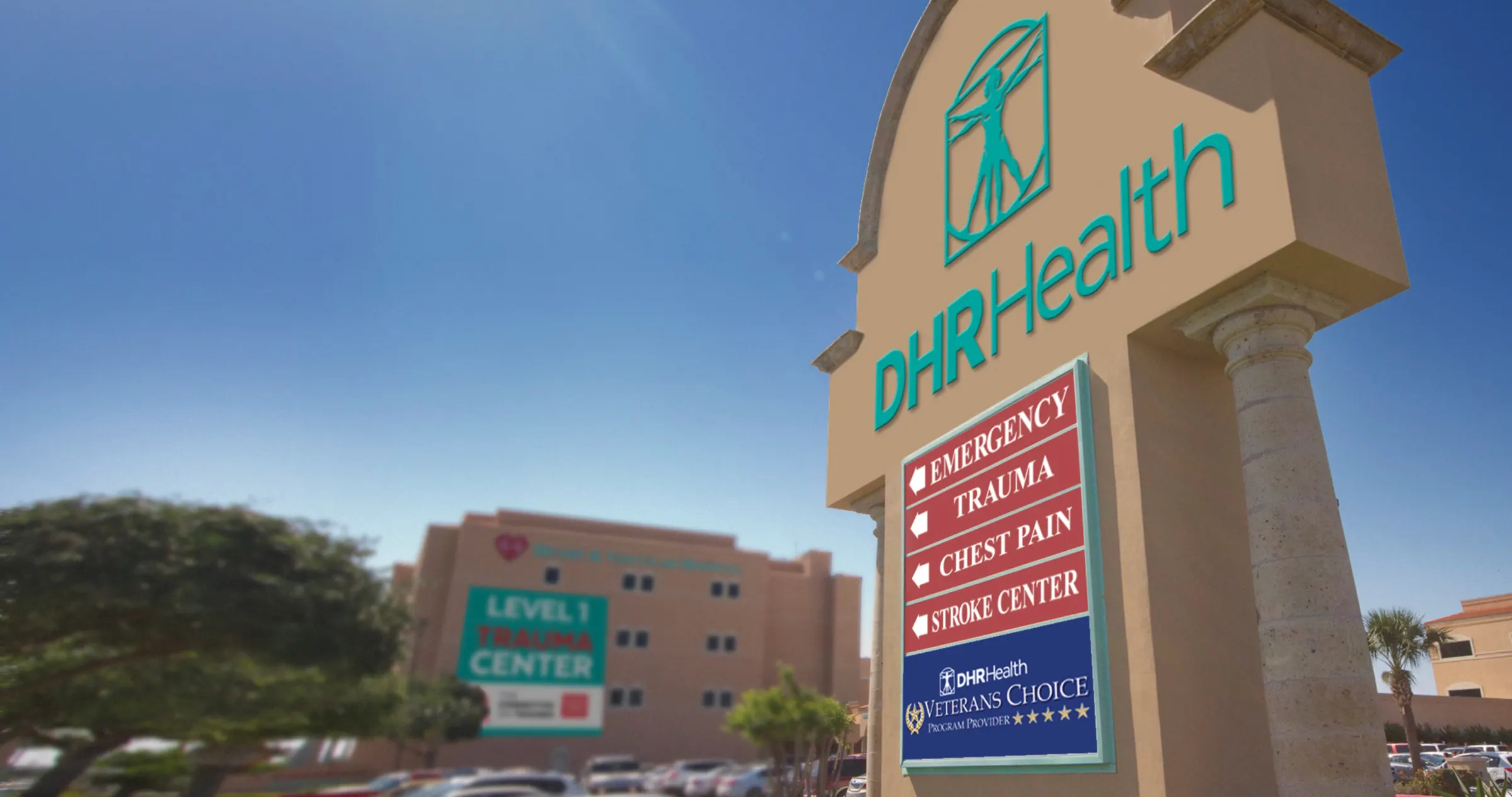 DHR Health campus signage in Edinburg, Texas — home of the YWBCRI–DHR Health site.